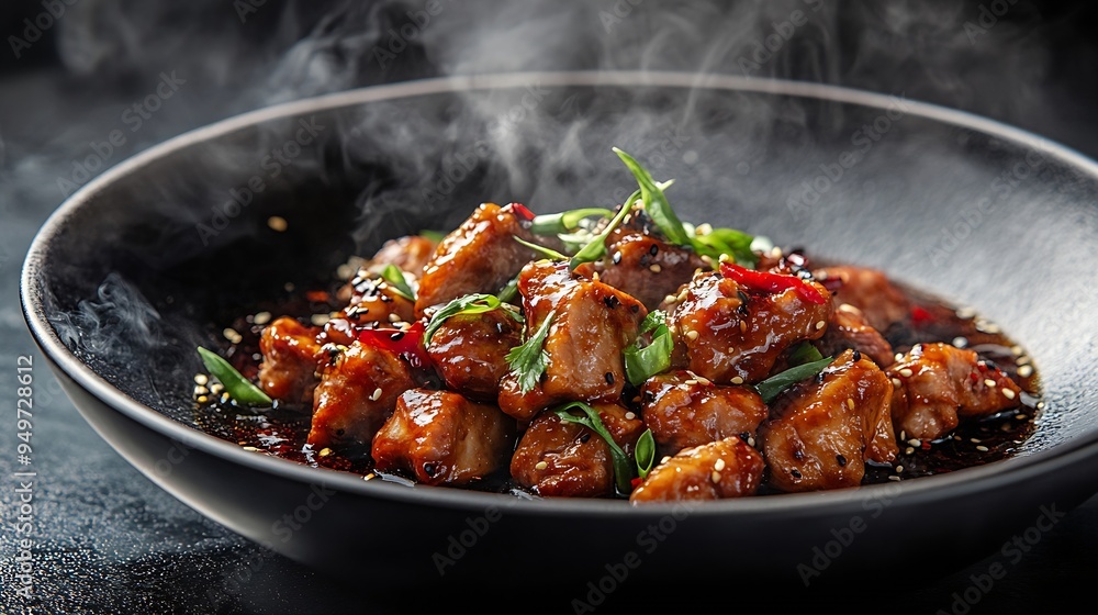 Chinese braised pork in high end sophisticated fine dining restaurant expensive food dark background with smoke : Generative AI Chinese braised pork in high end sophisticated fine dining restaurant expensive food dark background with smoke : Generative AI