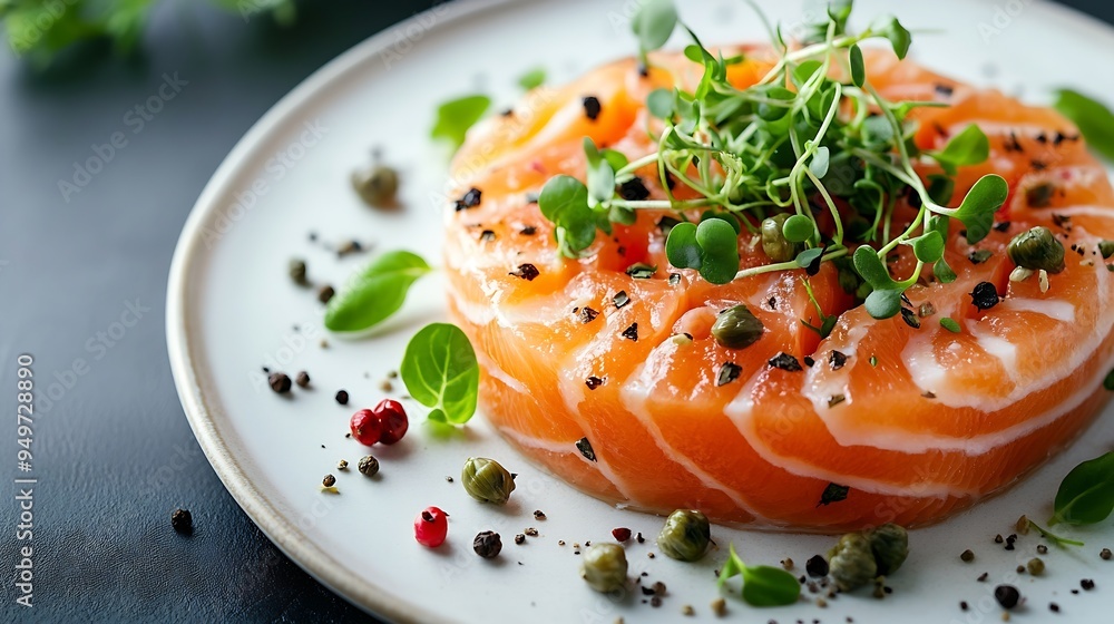 Gourmet fish tartar raw from salmon and sea bream fillet Salmon and sea bream tartare with microgreens and capers Top view : Generative AI Gourmet fish tartar raw from salmon and sea bream fillet Salmon and sea bream tartare with microgreens and capers Top view : Generative AI