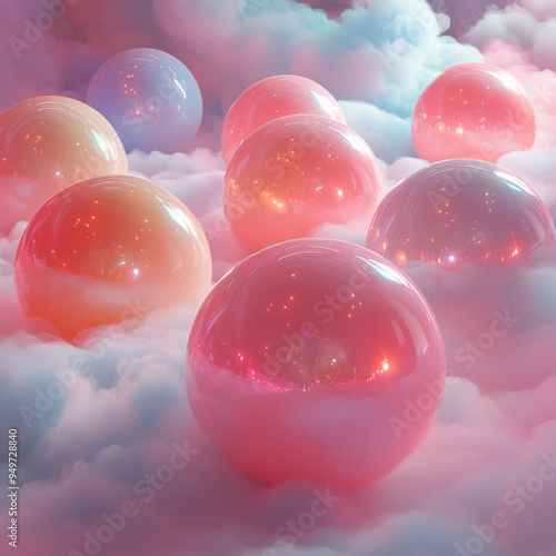 Floating bowling ball bags in a light pastel pink cloud, photo