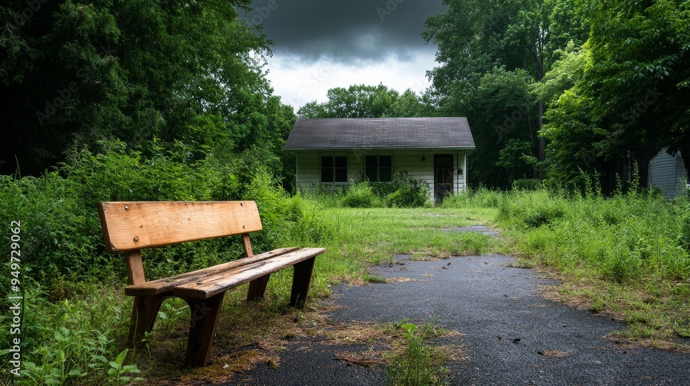 overgrown garden with neglected plants and a broken garden bench overgrown garden with neglected plants and a broken garden bench