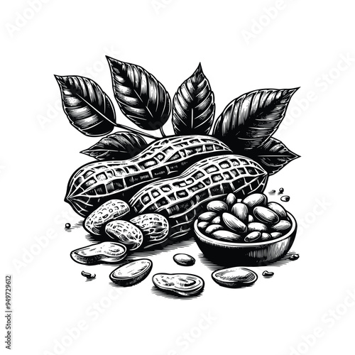 Peanut illustration. hand drawn peanut black and white vector illustration. isolated white background