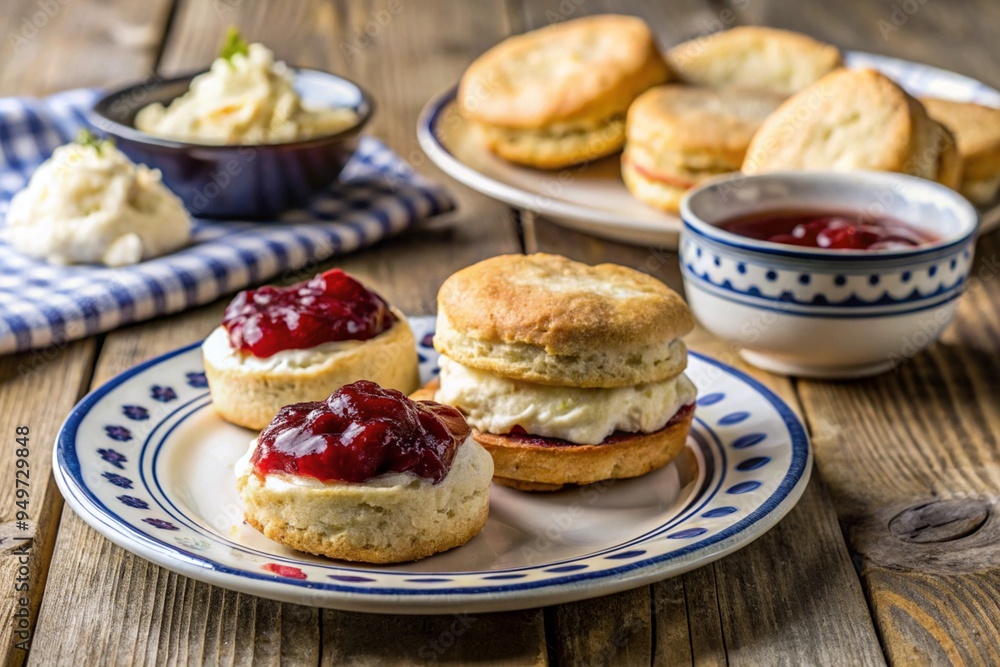 A plate of biscuits with a side of homemade jam and clotted cream. 1 A plate of biscuits with a side of homemade jam and clotted cream. 1