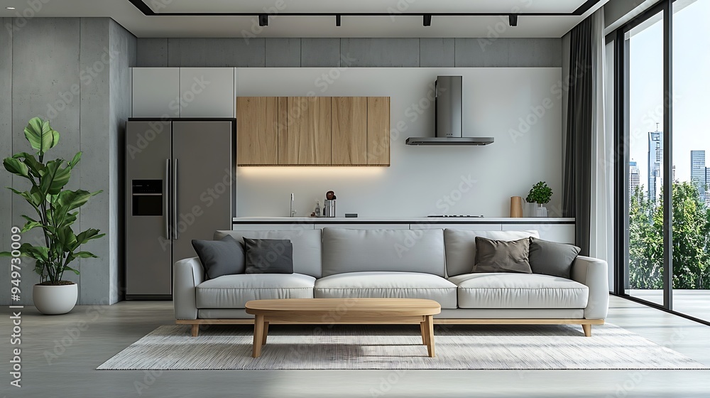 Beautiful studio apartment which has living room kitchen and same area with blank wall Home products background Backdrop Indoors Interior : Generative AI Beautiful studio apartment which has living room kitchen and same area with blank wall Home products background Backdrop Indoors Interior : Generative AI
