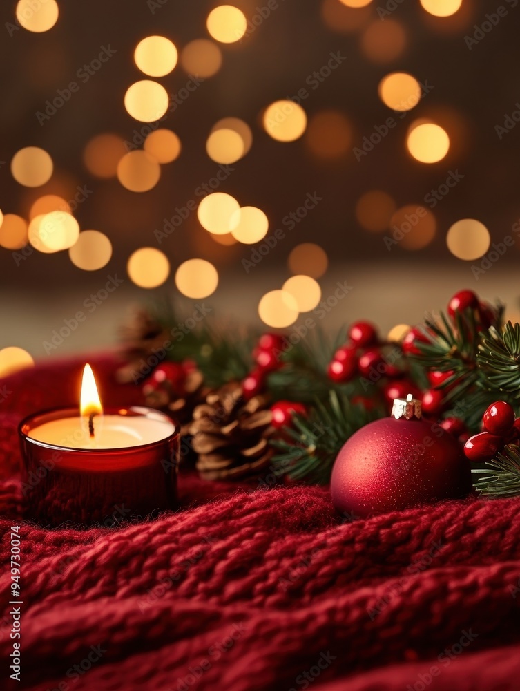 Cozy Christmas Eve Setting with Red Candles and Holiday Ornaments on a Festive Table Cozy Christmas Eve Setting with Red Candles and Holiday Ornaments on a Festive Table