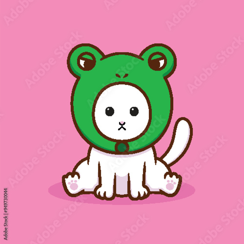 Vector cute cat with frog hat cartoon vector icon illustration