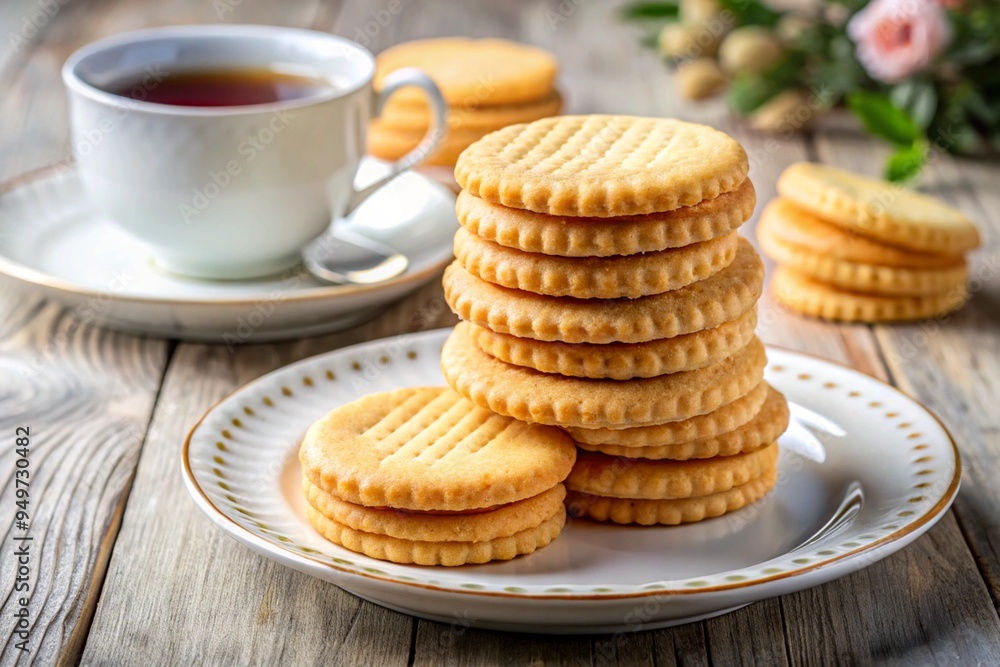 A stack of biscuits on a plate, ready to be served with tea A stack of biscuits on a plate, ready to be served with tea