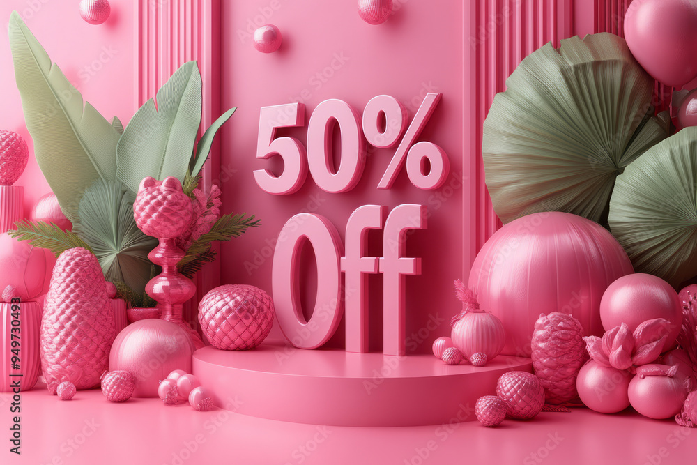 Abstract 50% Off text spreading across a pale pink background, Abstract 50% Off text spreading across a pale pink background,