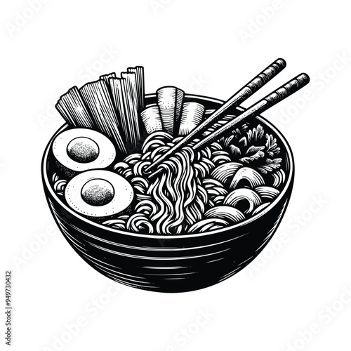 Ramen noodle illustration. hand drawn Ramen black and white vector illustration. isolated white background