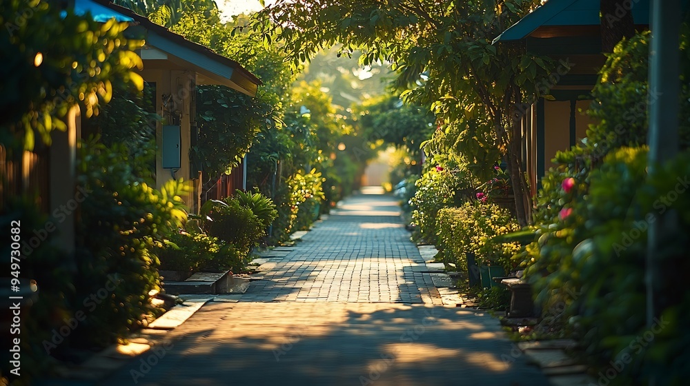 Fototapeta premium Empty street at the nice and comfortable garden at the morning with lovely beautiful sky : Generative AI