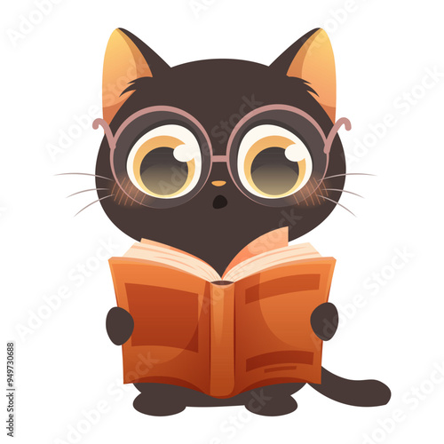 Black cat with glasses read book. Drawn cute kitten. Vector illustration on white background