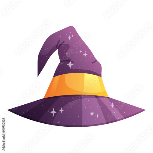 Drawn witch, wizard hat with stars and golden buckle. Vector illustration on white background for Halloween