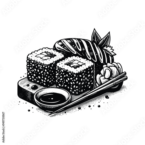 set of sushi illustration. hand drawn sushi black and white vector illustration. isolated white background
