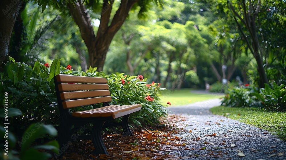 Obraz premium A park with a bench and walking path on the side and a tree with green foliage in the background : Generative AI