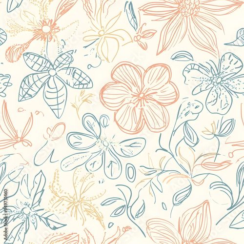 floral and leaf seamless patterns in doodle-style tile designs with graphic format.