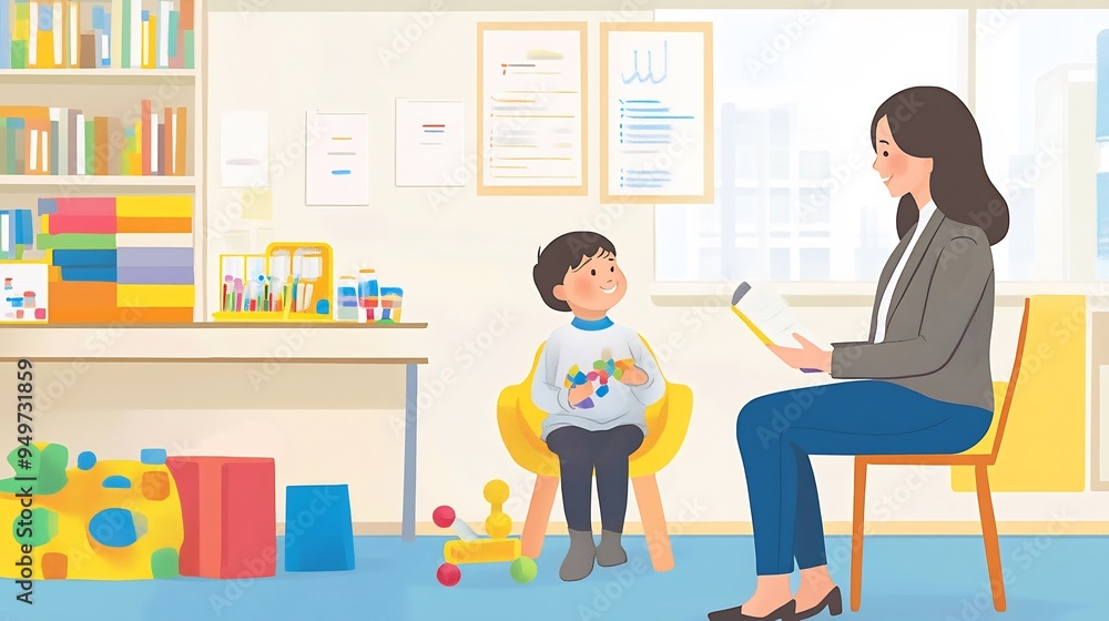 Illustration of a mother and child visiting a pediatrician with colorful toys and a welcoming environment Illustration of a mother and child visiting a pediatrician with colorful toys and a welcoming environment