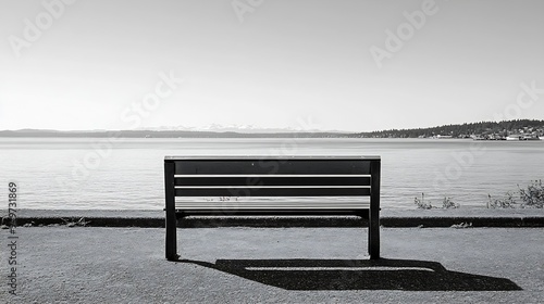 A black and white image of an empty park bench at the waterfront in Silverdale WA : Generative AI photo