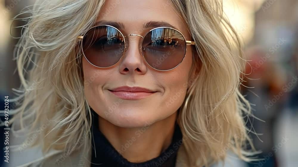 Mature, middle-aged, blonde woman with blond hair strolling through the city streets and going shopping outside Mature, middle-aged, blonde woman with blond hair strolling through the city streets and going shopping outside