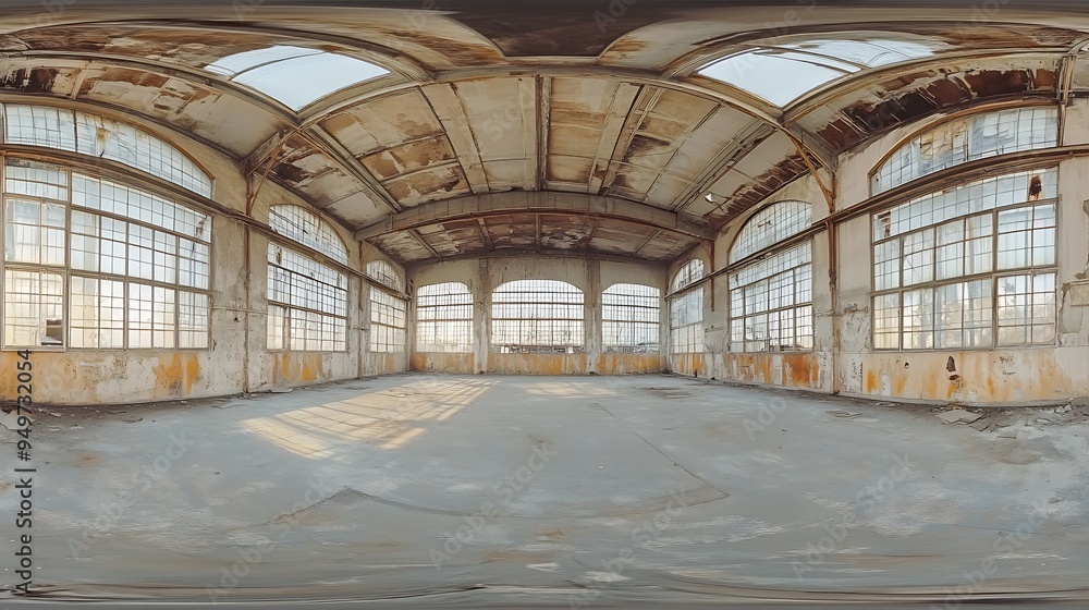 full seamless spherical hdri panorama 360 degrees in abandoned interior of large empty room as warehouse hangar or gallary with windows in equirectangular projection VR AR concept : Generative AI full seamless spherical hdri panorama 360 degrees in abandoned interior of large empty room as warehouse hangar or gallary with windows in equirectangular projection VR AR concept : Generative AI