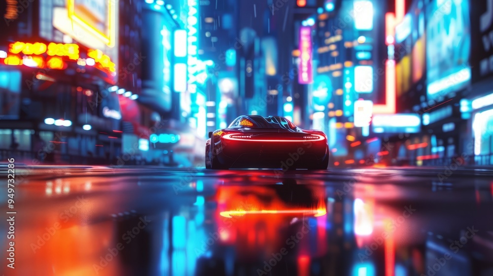 Night city drive. Car driving through a city with neon lights reflecting in the wet street. Night city drive. Car driving through a city with neon lights reflecting in the wet street.