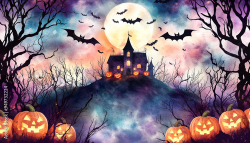 A Haunted House on a Hill with Jack-o'-Lanterns and Bats Under a Full Moon