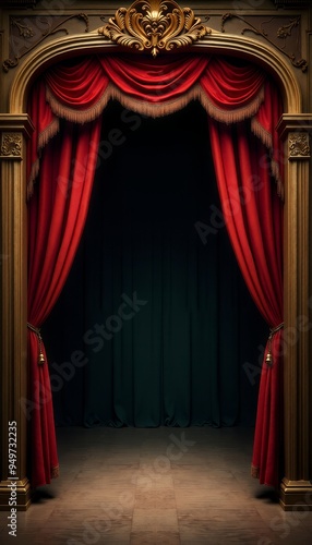 Elegant Red Velvet Curtains Framing a Theater Stage Entrance