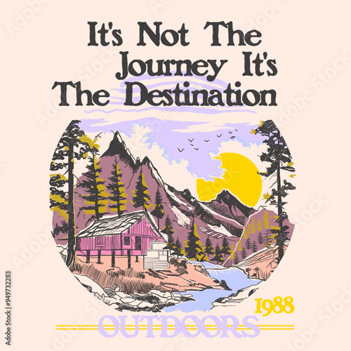 Colorful Outdoor Mountain adventure vintage print design for t shirt. Mountain graphic print design for apparel, women girl mountain print  design