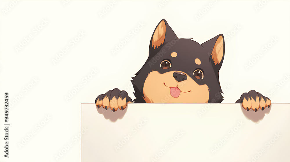 Obraz premium cute dog holding up a blank sign, colorful cartoon character, empty banner,, anime style, cute kawaii, simple, smiling happy. isolated background