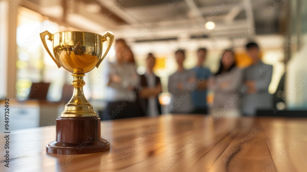 Fototapeta premium Gold trophy success. Golden trophy on a wooden table, symbolizing achievement and success, with blurred team in the background.