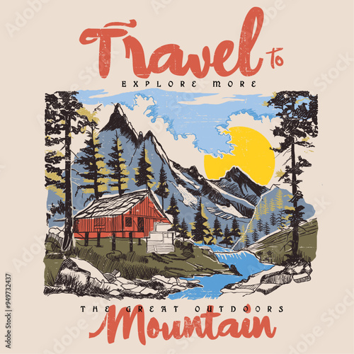 outdoors print. The great outdoors. Explore more print design. Outdoor at the mountain retro print design for t shirt and others.