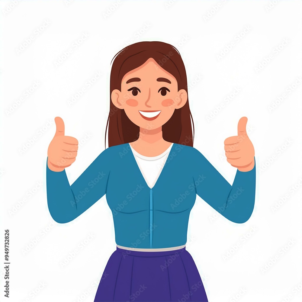 Like sign, joy, approval, happiness concept. Young happy smiling woman or girl teenager cartoon character showing thumbs up. Success and goal achievement facial expression flat vector illustration. Like sign, joy, approval, happiness concept. Young happy smiling woman or girl teenager cartoon character showing thumbs up. Success and goal achievement facial expression flat vector illustration.