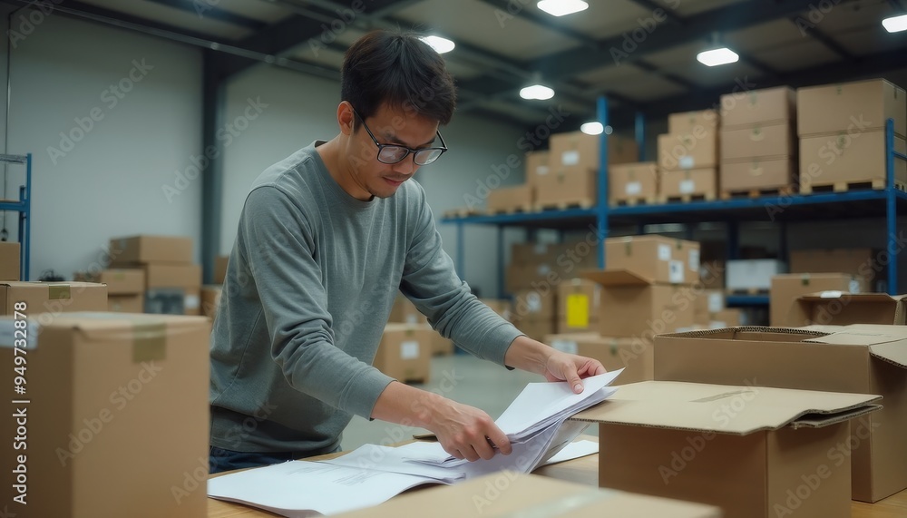 Worker Organizing Documents in a Warehouse Full of Boxes Worker Organizing Documents in a Warehouse Full of Boxes