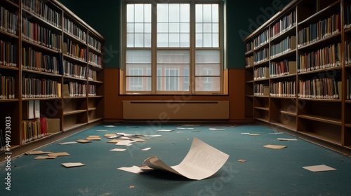 dusty library with bookshelves filled with neglected books and scattered papers