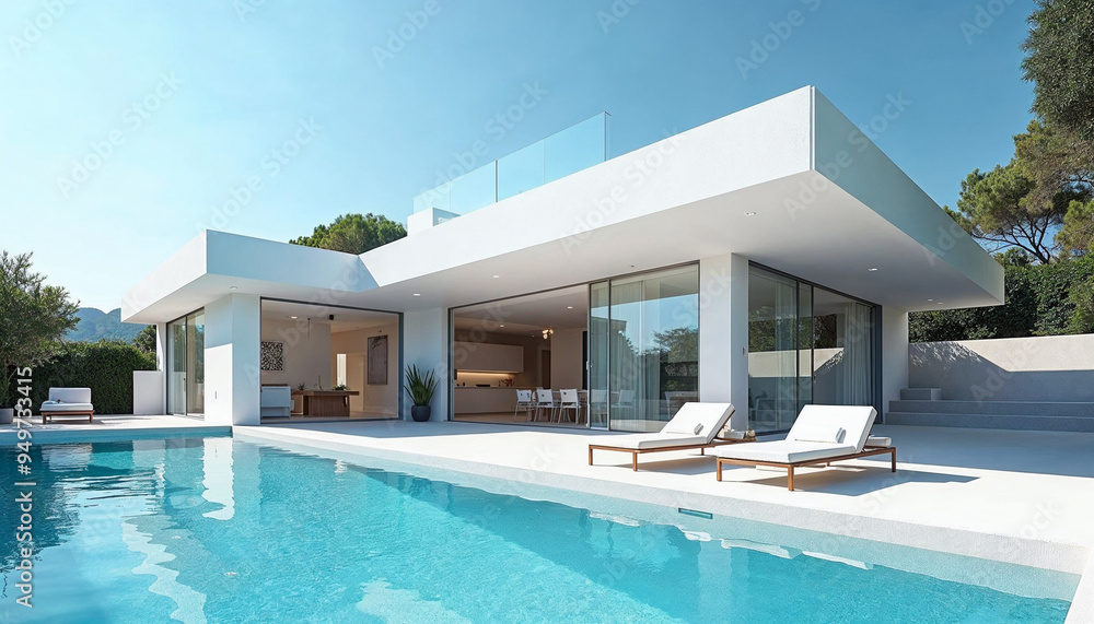 Fototapeta premium A stunning white villa with modern architecture against a clear blue sky, featuring large glass windows and a pristine swimming pool, conveying luxury and relaxation.