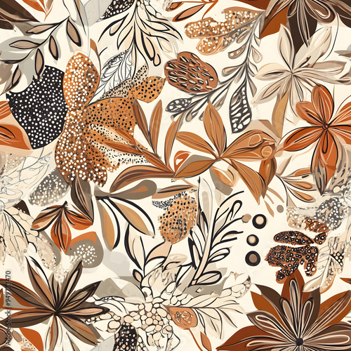 floral and leaf seamless patterns in doodle-style tile designs with graphic format.