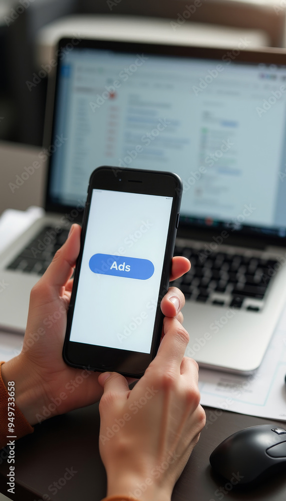 Person Holding Smartphone with Ads Screen in Front of Laptop Person Holding Smartphone with Ads Screen in Front of Laptop