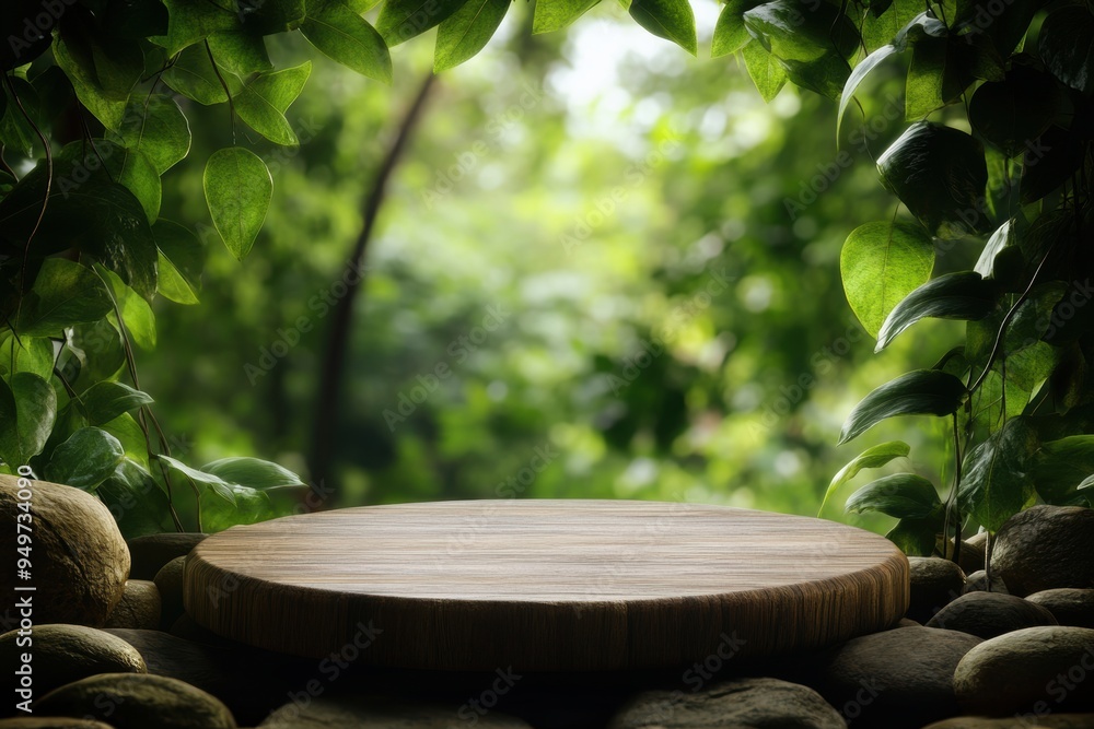 A serene wooden platform surrounded by lush green foliage, ideal for presentations or displays in a natural setting. A serene wooden platform surrounded by lush green foliage, ideal for presentations or displays in a natural setting.