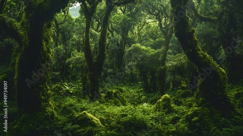 Trees covered with dense moss in rainforest Goblin Forest Egmont National Park Taranaki North Island New Zealand Oceania : Generative AI