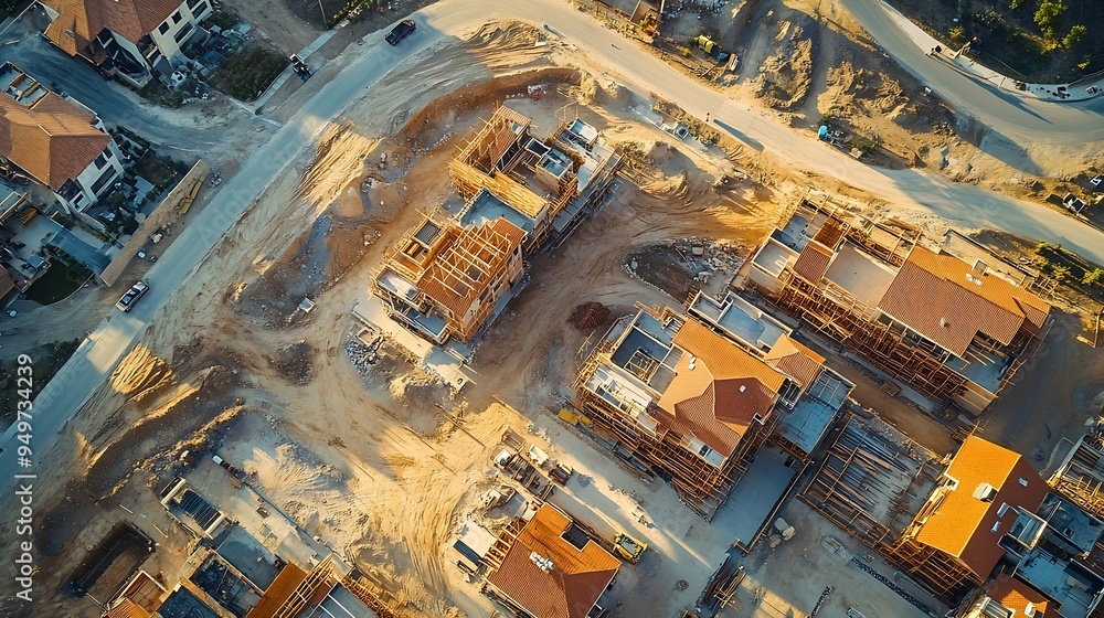 © Generative AI - Aerial shot of a construction site for multifamily housing : Generative AI