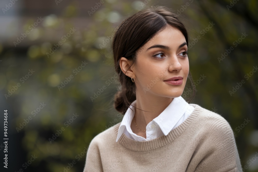 Woman looking away. Young woman with brown hair and a neutral expression, wearing a white shirt and a beige sweater, looks away from the camera. Woman looking away. Young woman with brown hair and a neutral expression, wearing a white shirt and a beige sweater, looks away from the camera.