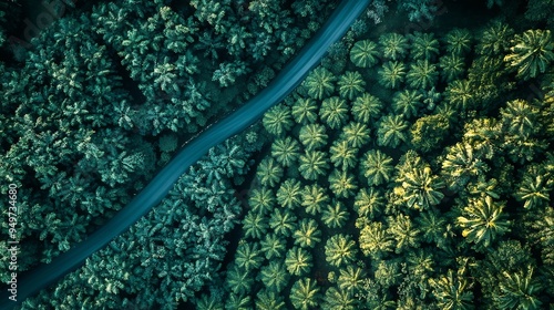 a coffee plantation seen from above and a road : Generative AI photo