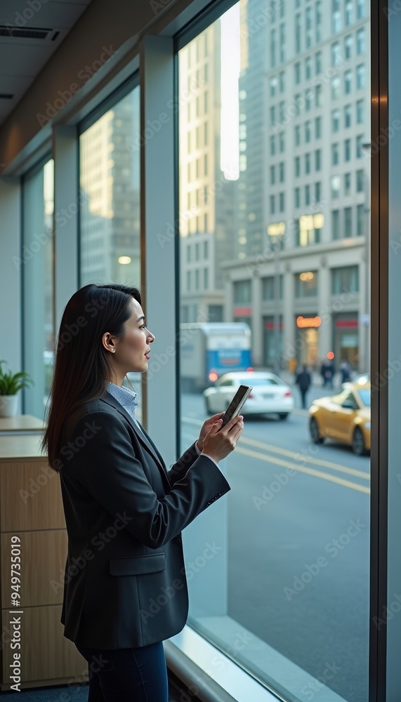 Fototapeta premium Businesswoman Using Smartphone While Observing Cityscape Outdoors