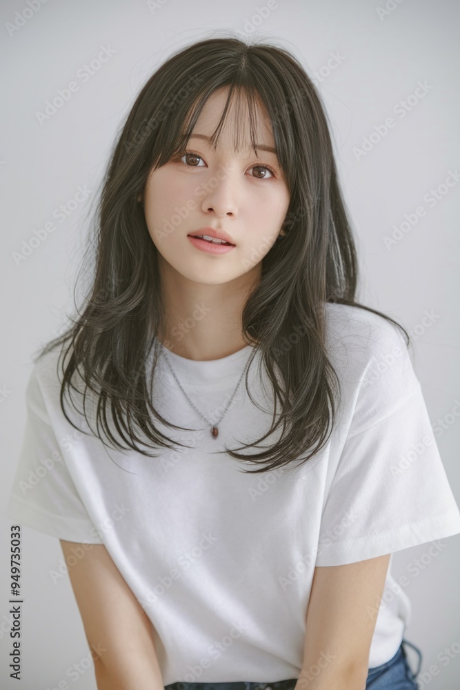 Woman white shirt casual portrait. Young woman with dark hair wearing a white t shirt, posing casually. Woman white shirt casual portrait. Young woman with dark hair wearing a white t shirt, posing casually.