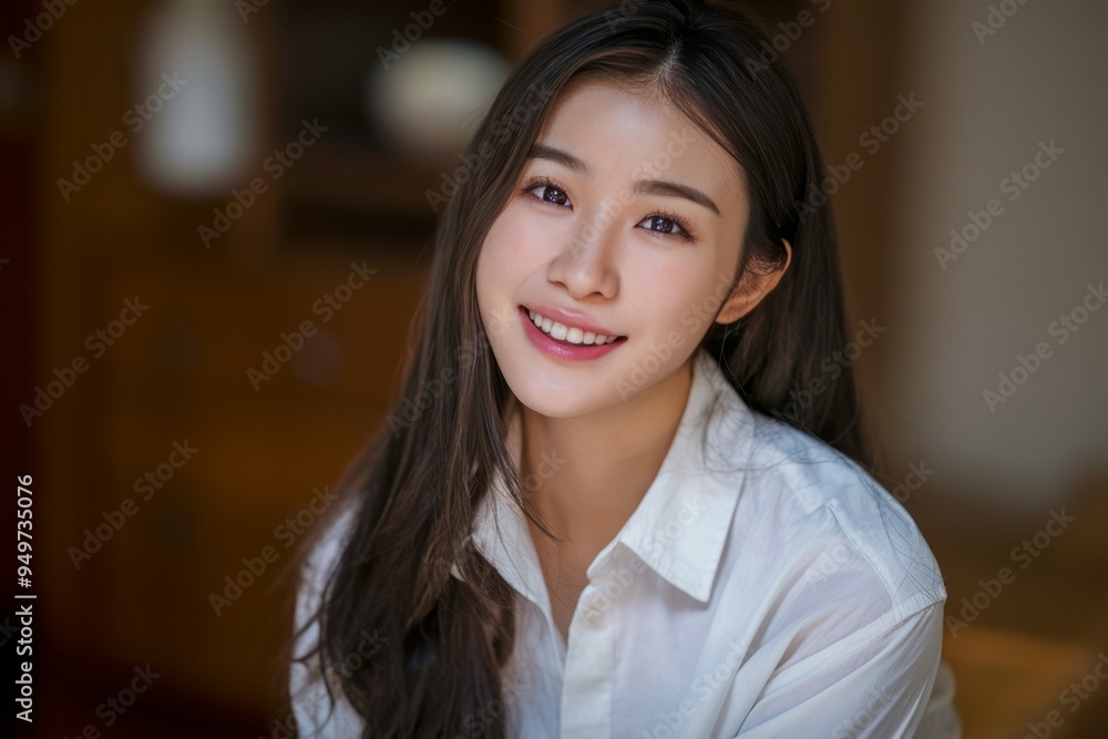 Smiling woman portrait. A young woman with long dark hair smiling happily, wearing a white shirt, captured in a close-up portrait. Smiling woman portrait. A young woman with long dark hair smiling happily, wearing a white shirt, captured in a close-up portrait.