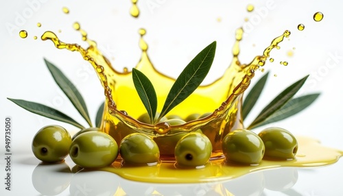 Fresh Green Olives Surrounded by Splashes of Olive Oil photo