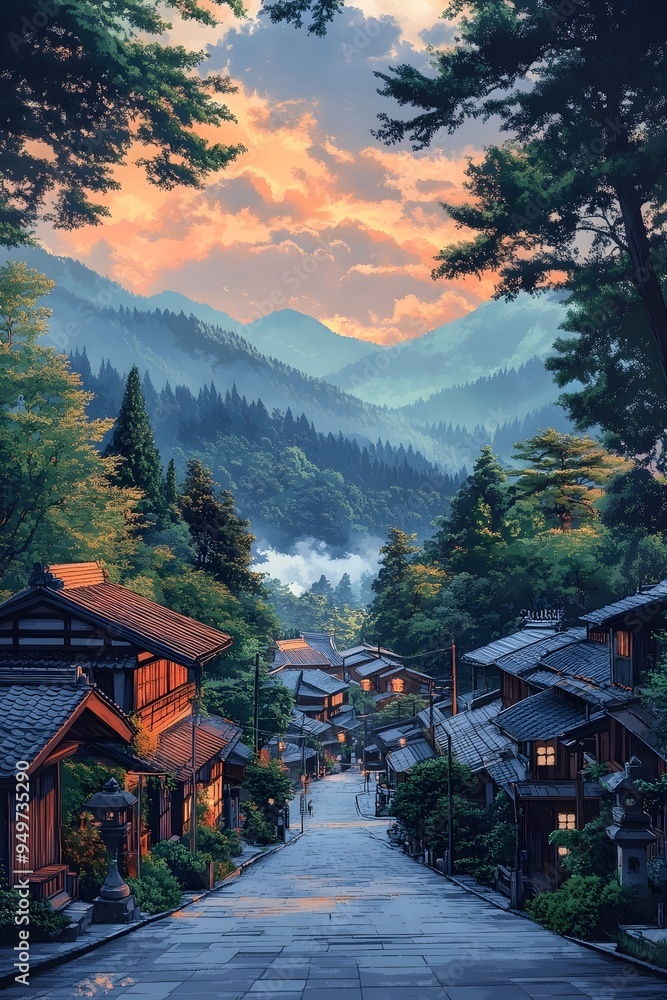 Fototapeta premium A scenic mountain village bathed in the soft glow of a setting sun, traditional houses line the street, offering a peaceful and picturesque sight.