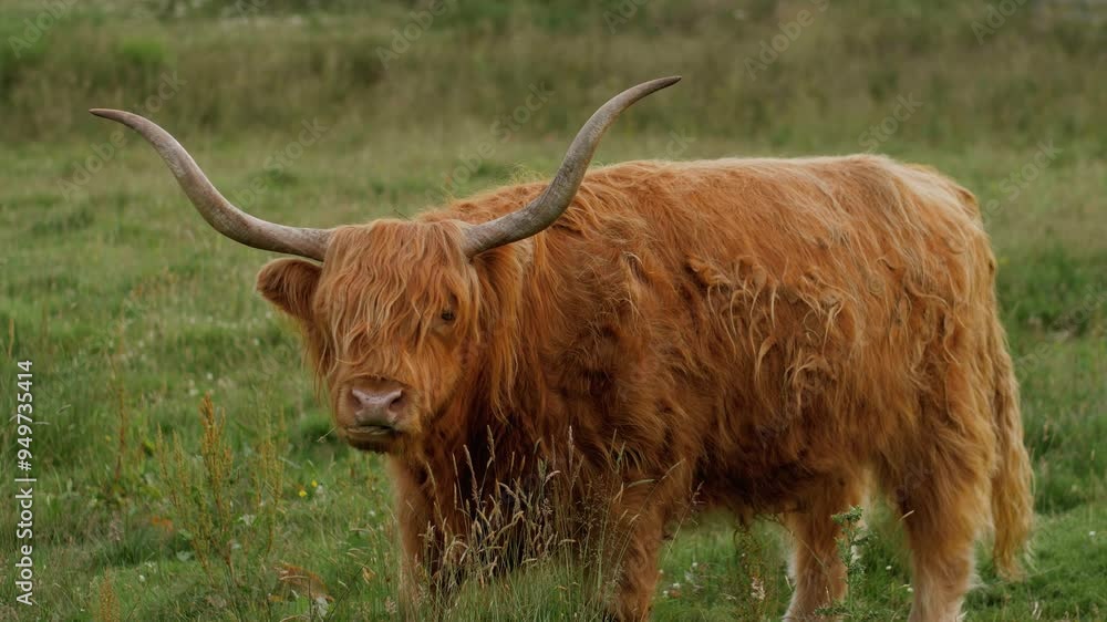 Highland Cow in a field in Scotland licking its nose. Highland Cow in a field in Scotland licking its nose.