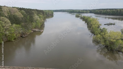 Flyover shot over a bridge at the lake. Lake Murray in South Carolina. photo