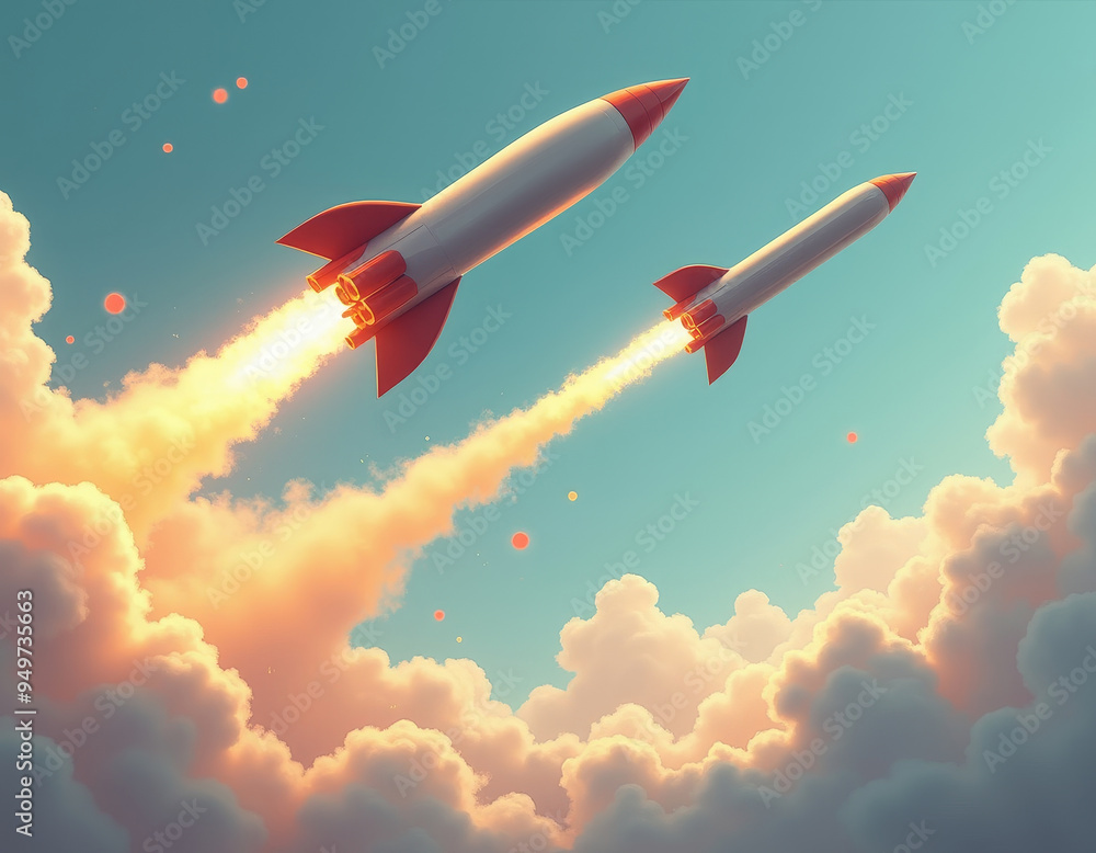 Two Rockets Launching into a Bright Sky with Colorful Clouds Two Rockets Launching into a Bright Sky with Colorful Clouds