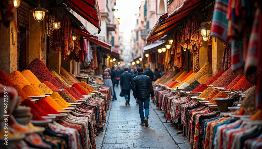Fototapeta premium A vibrant market street in Marrakech, filled with colorful spice stalls and textiles, showcasing the lively activity and rich culture of the area.