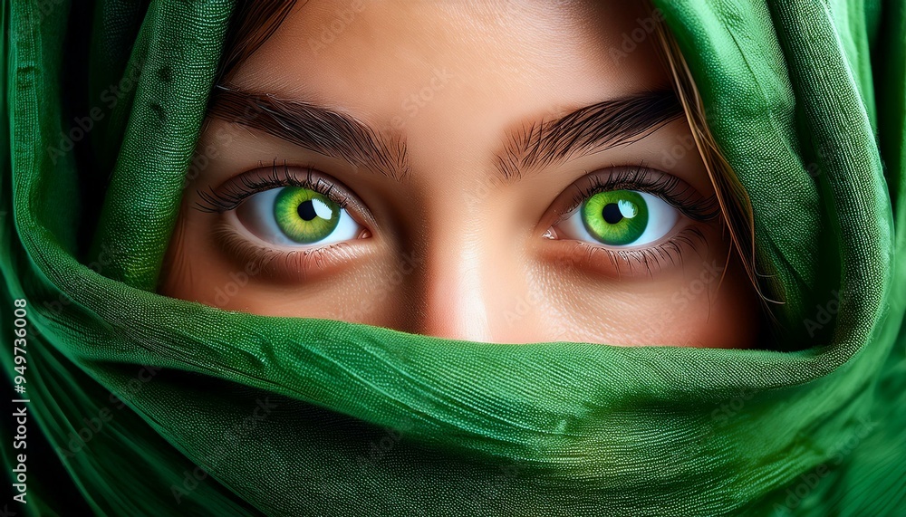Naklejka premium Green eyes of a woman, her face wrapped in a green scarf.